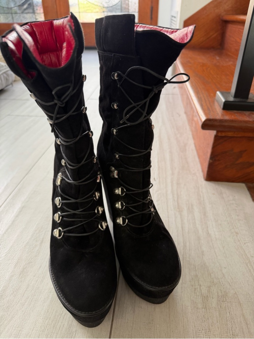 Cesare Paciotti Black Suede Lace-Up Platform Boots with Red Leather Liner. - Picture 4 of 5